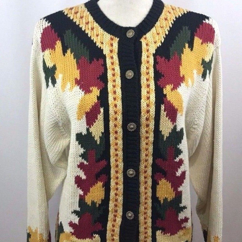 Vtg Orvis Knit Cardigan Sweater Fall Leaves